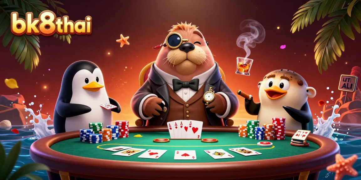 Experience thrilling poker action at bk8thai with a jolly walrus and friends playing underwater.