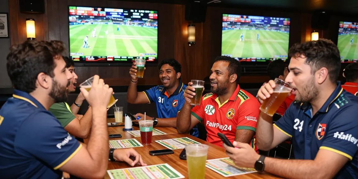 Exciting Fairplay24 cricket betting scene in a lively sports bar with fans cheering.
