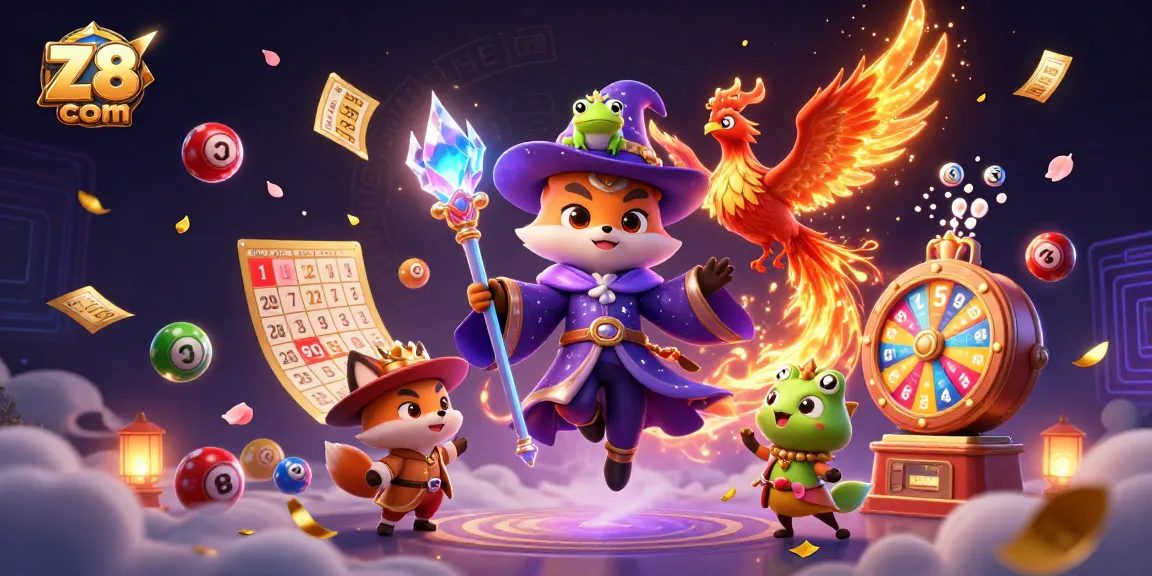 Experience the excitement of z8 com with vibrant lottery elements and mystical characters in a dynamic casino scene.