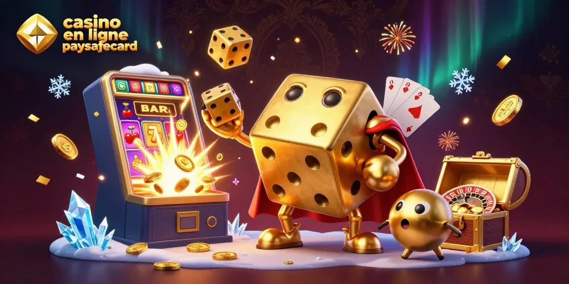 Jouez au casino en ligne paysafecard avec des dés dorés, machines à sous et effets festifs.