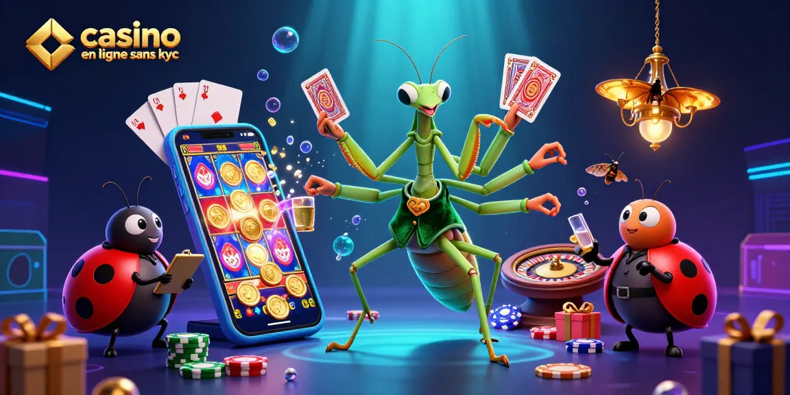 Illustration captivante d'un casino en ligne sans KYC, mettant en scène un caméléon joueur au milieu d'éléments de jeu dynamique.