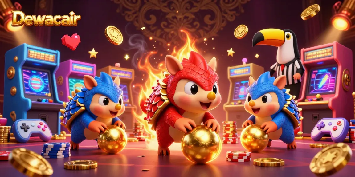 Dewacair pangolins competing in a lively casino scene with poker chips and vibrant arcade elements.