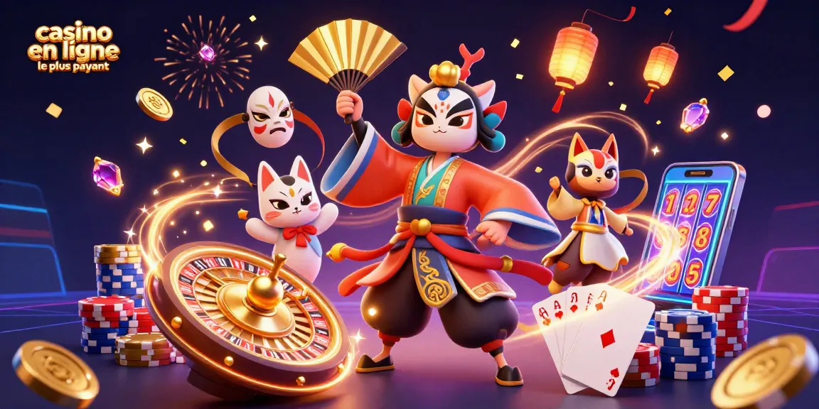 Illustration festive de casino en ligne le plus payant avec guerrier kabuki et éléments colorés.