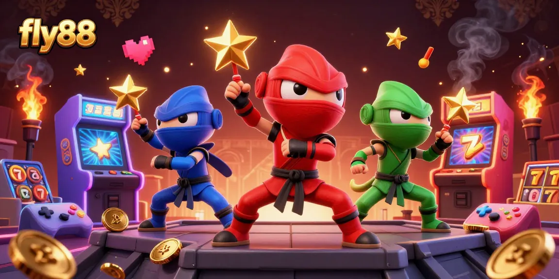 Engage in playful action with fly88's ninja chameleons surrounded by vibrant casino elements.