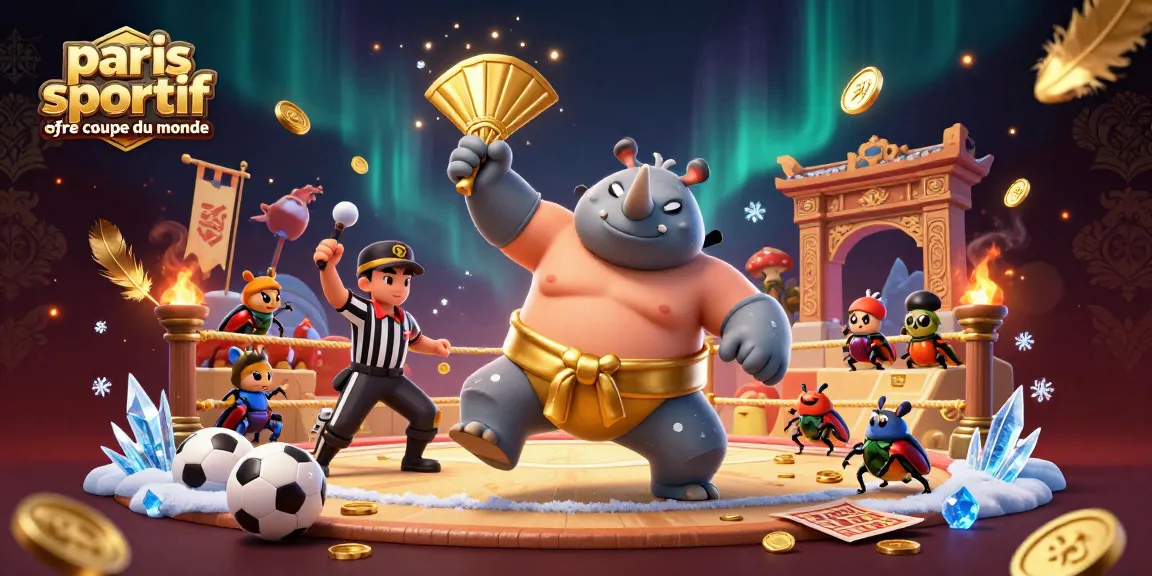 Paris sportif offre coupe du monde : Illustration dynamique avec un rhinocéros sumo et des éléments de paris sportifs.