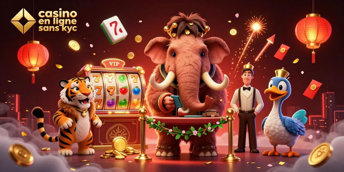 Entrée d'un casino en ligne sans KYC avec un mammouth, un tigre VIP, et un dodo dans un décor festif