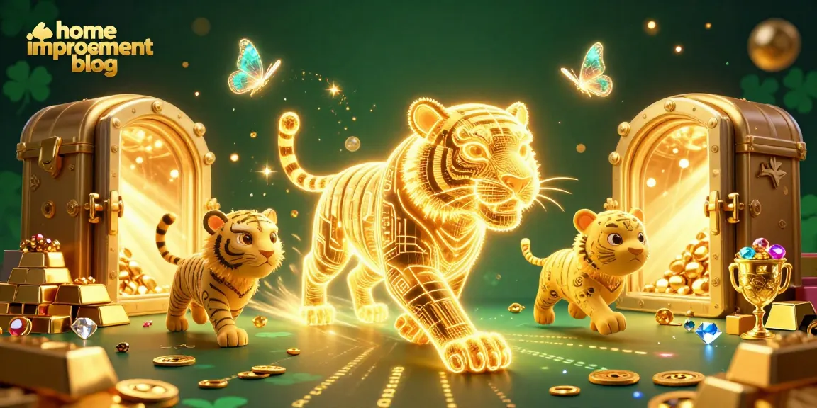 A vibrant scene of a home improvement blog showcasing a dynamic casino landscape with a glowing golden tiger, augmented reality elements, and rich treasures.