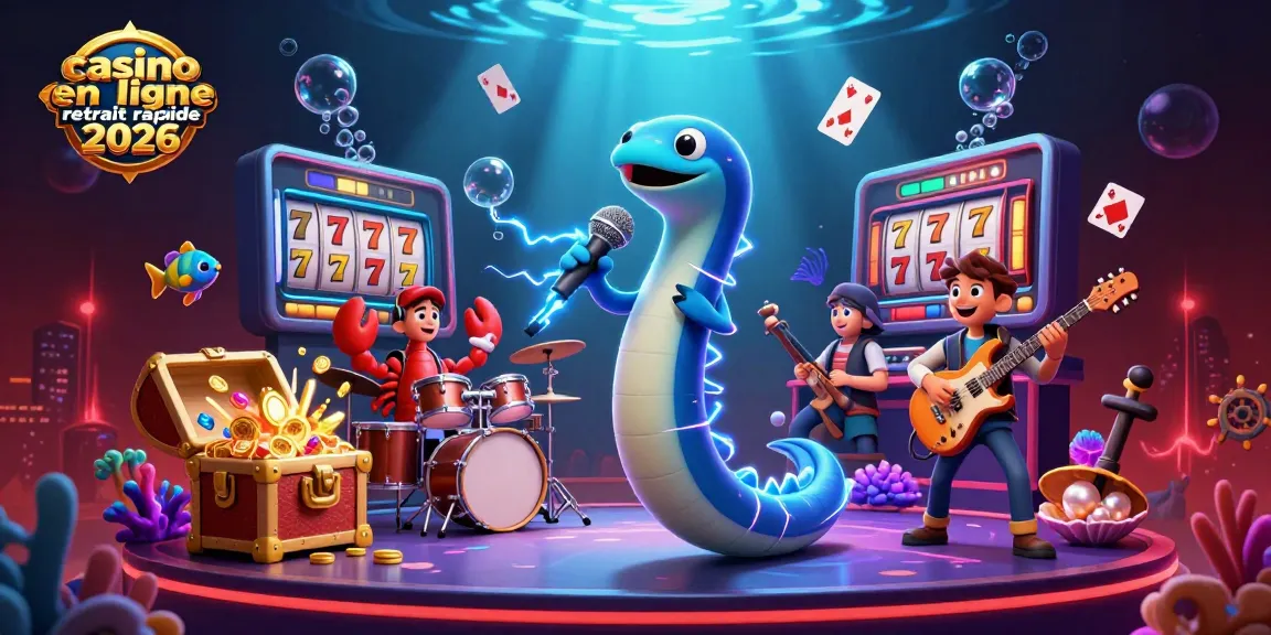 Illustration de casino sous-marin avec un DJ anguille électrique, représentant le casino en ligne retrait rapide 2026.