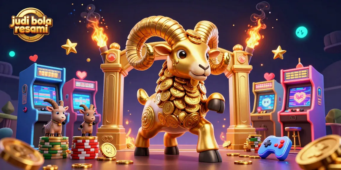 Engage in judi bola resmi with vibrant gaming elements and a spectacular golden ram scene in this 3D illustration.