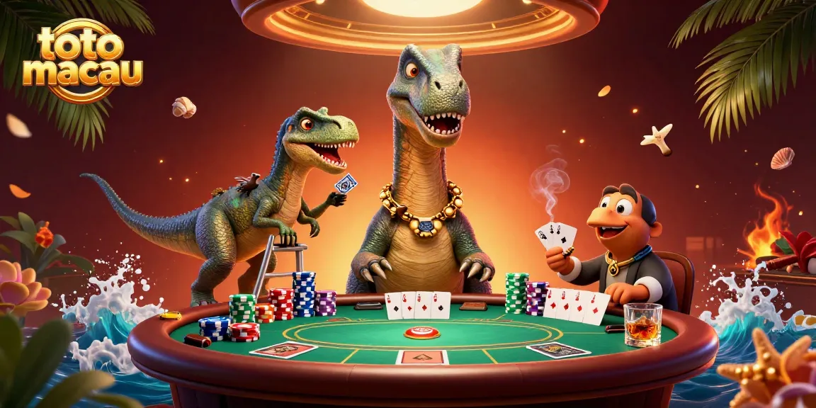 Permainan toto macau dengan dinosaurus dan keno di kasino yang penuh warna.