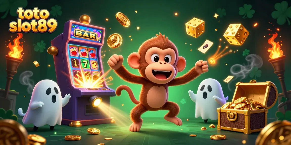 Experience the thrill of toto slot89 with a haunted casino scene featuring a playful ghost monkey and a curious puppy.
