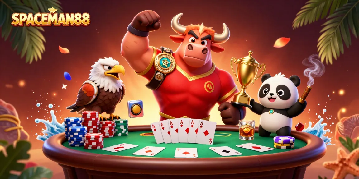 Engage in thrilling action at SPACEMAN88 casino featuring a bull mascot, poker chips, and trophies.