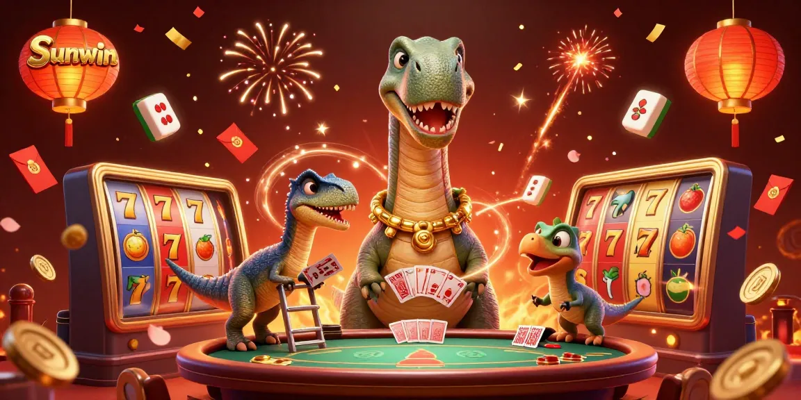 Experience Sunwin's vibrant casino adventure with a towering brontosaurus and thrilling slot games.