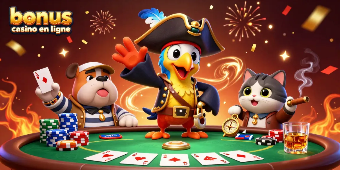 Gagnez avec les bonus casino en ligne à travers une illustration festive de personnages animés et de jeux de poker.