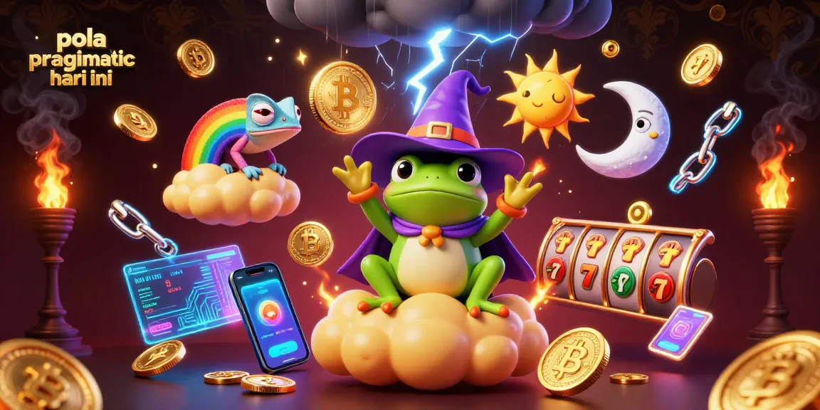 Pola pragmatic hari ini showcases a magical scene with a weather wizard frog, golden coins, and crypto elements amidst vibrant gambling-themed visuals.
