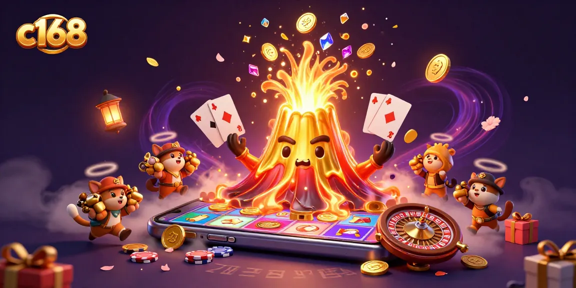 Experience winning moments with c168 featuring a joyful golden volcano showering treasure.