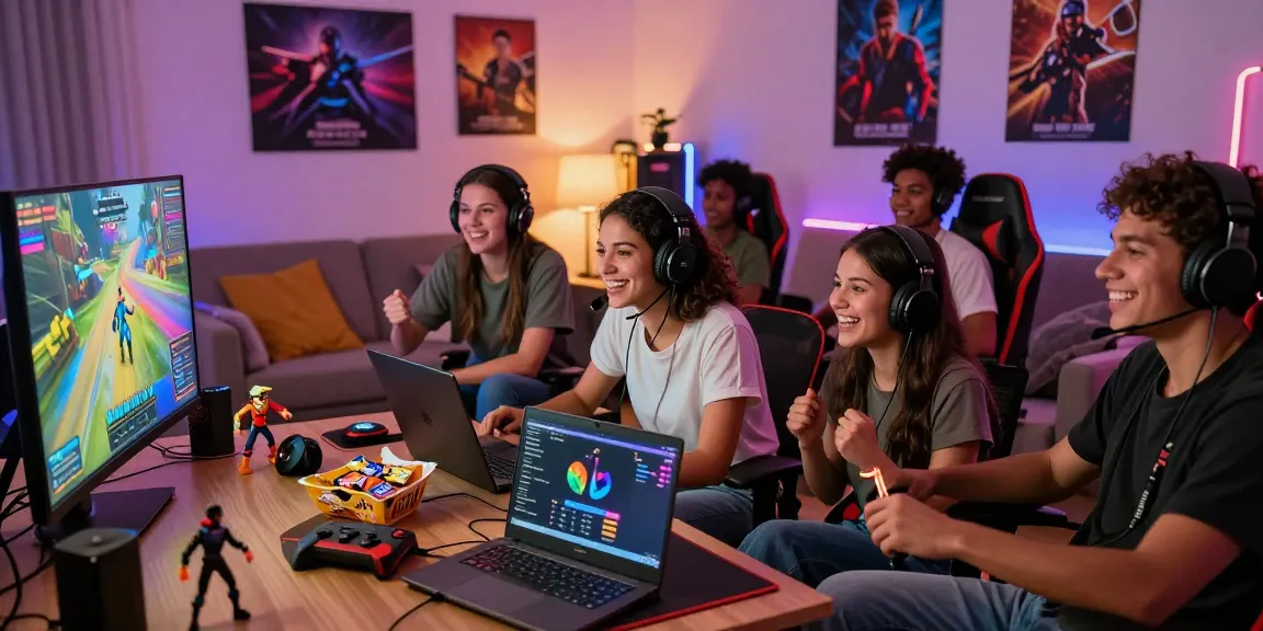 Group of friends playing games on 7meter platform in a cozy living room