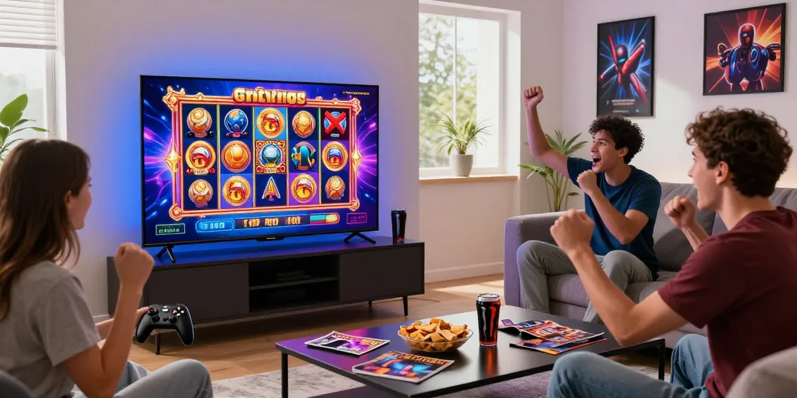 Engaging scene of players enjoying Golden Empire slot games in a modern living room.