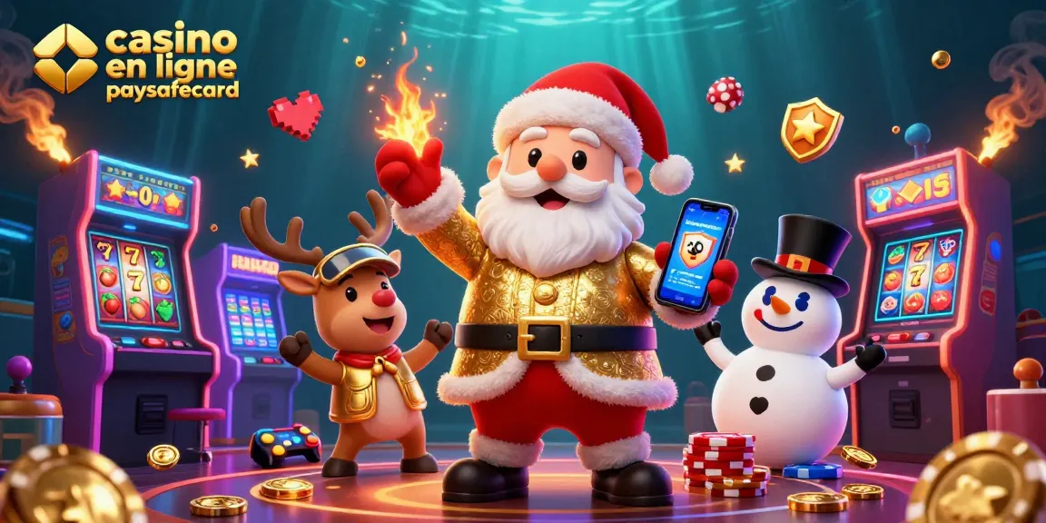 Plongez dans le monde du casino en ligne paysafecard avec Santa et ses amis, entourés de machines à sous colorées.