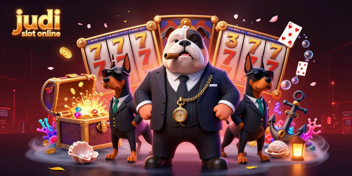 Menggoda permainan judi slot online dengan karakter bulldog mafia dan dua Doberman sebagai penjaga, dikelilingi simbol slot dan harta karun.