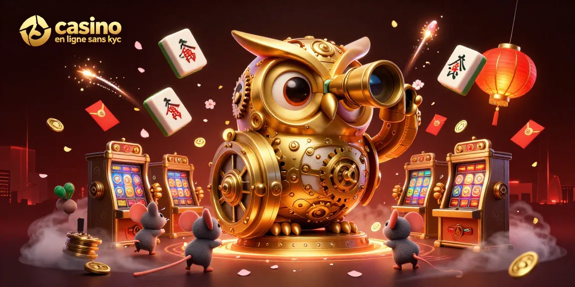 Une illustration dynamique de casino en ligne sans KYC avec une chouette dorée et des éléments de jeu captivants.