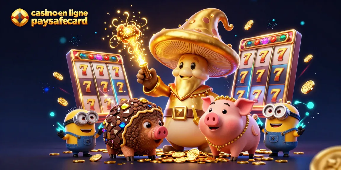 Illustration vibrante d'un casino en ligne paysafecard avec un magicien champignon doré et des trésors scintillants.