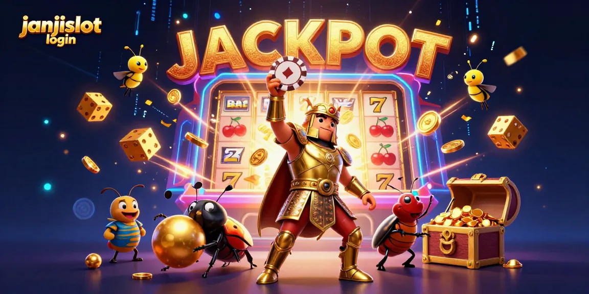 Spin the reels with janjislot login featuring playful beetles amidst a jubilant jackpot scene.