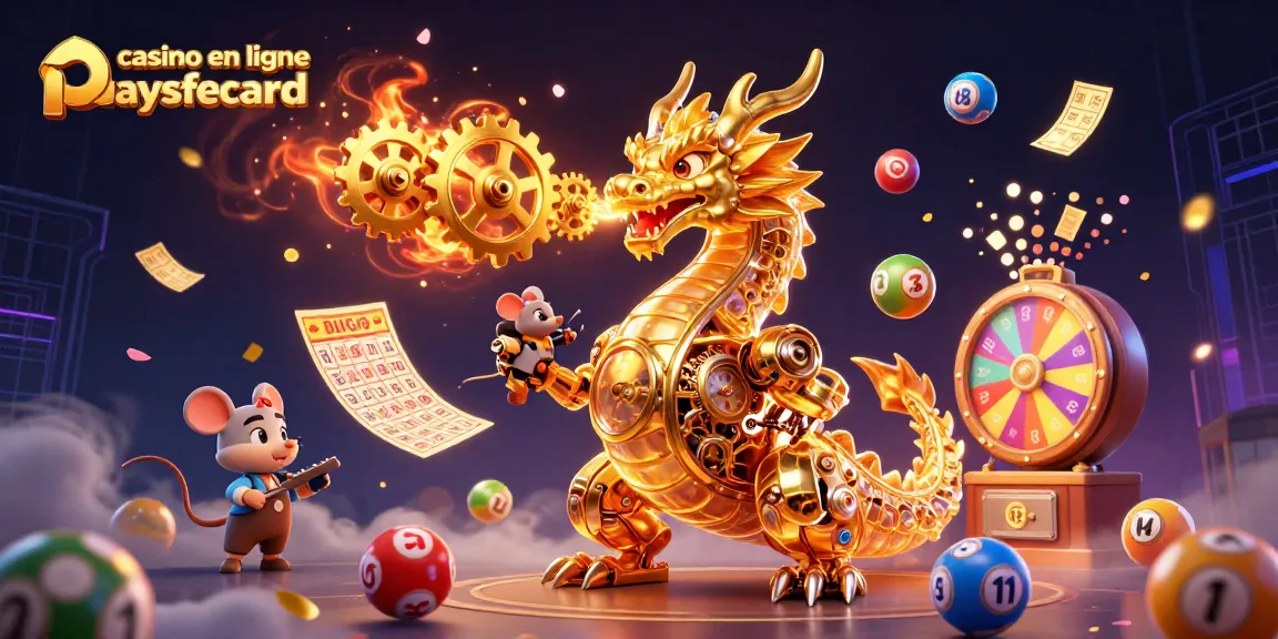 Illustration dynamique de casino en ligne paysafecard avec un dragon d'or et des éléments de loterie