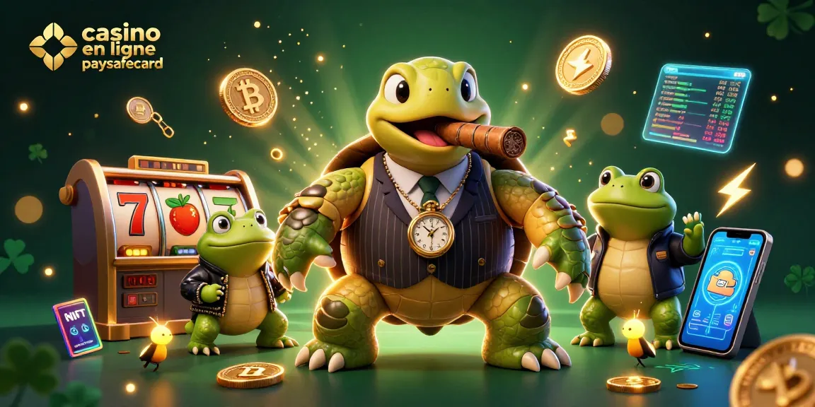 Casino en ligne paysafecard, une illustration dynamique avec une tortue mafieuse et des grenouilles autour de jeux visibles.
