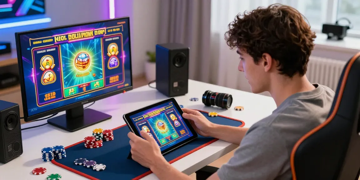 Engaged player enjoying situs hero138 slot games on a tablet amidst a vibrant gaming environment.